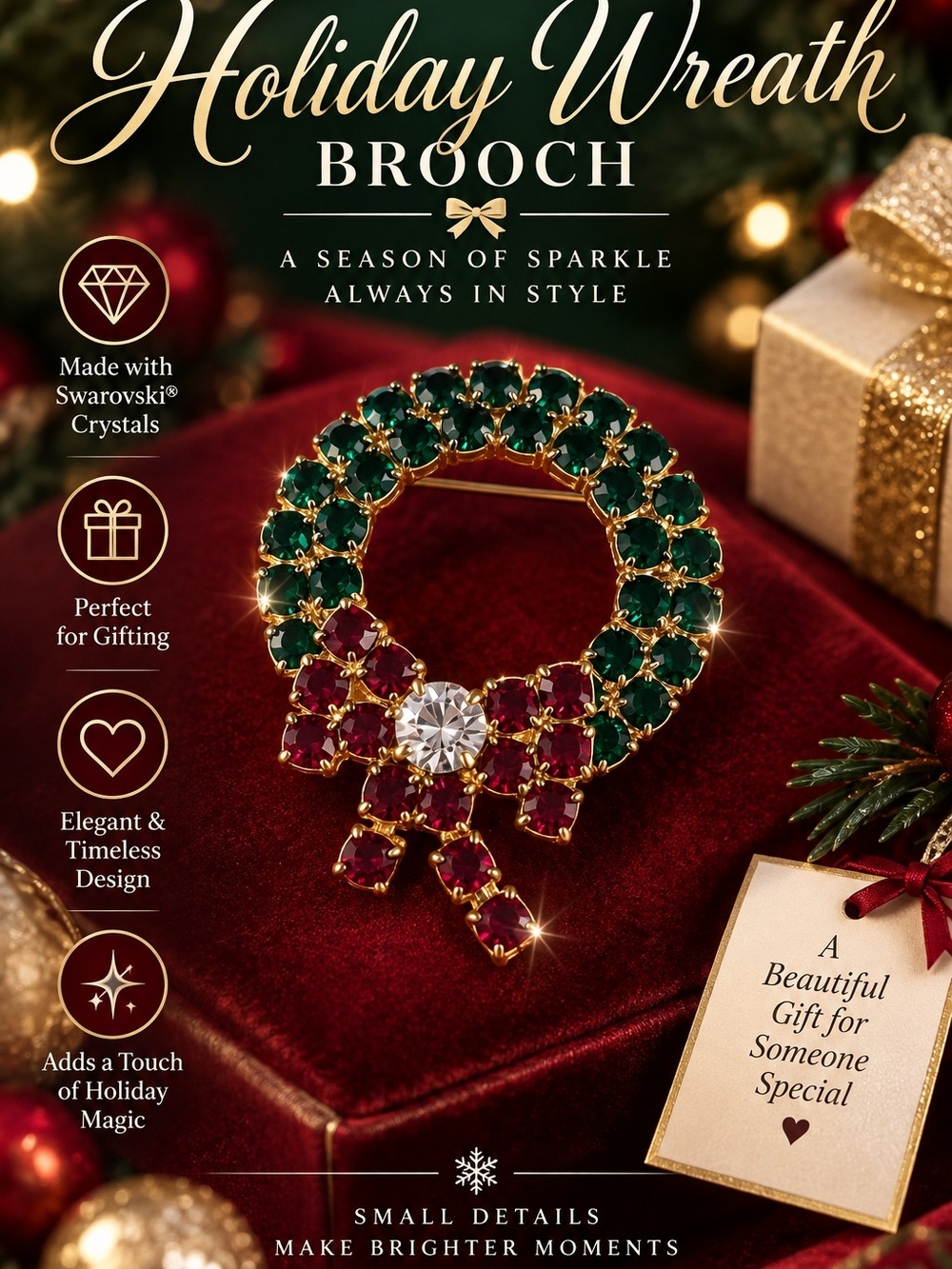 622 Holiday Wreath Brooch — Green & Red Crystal Accent